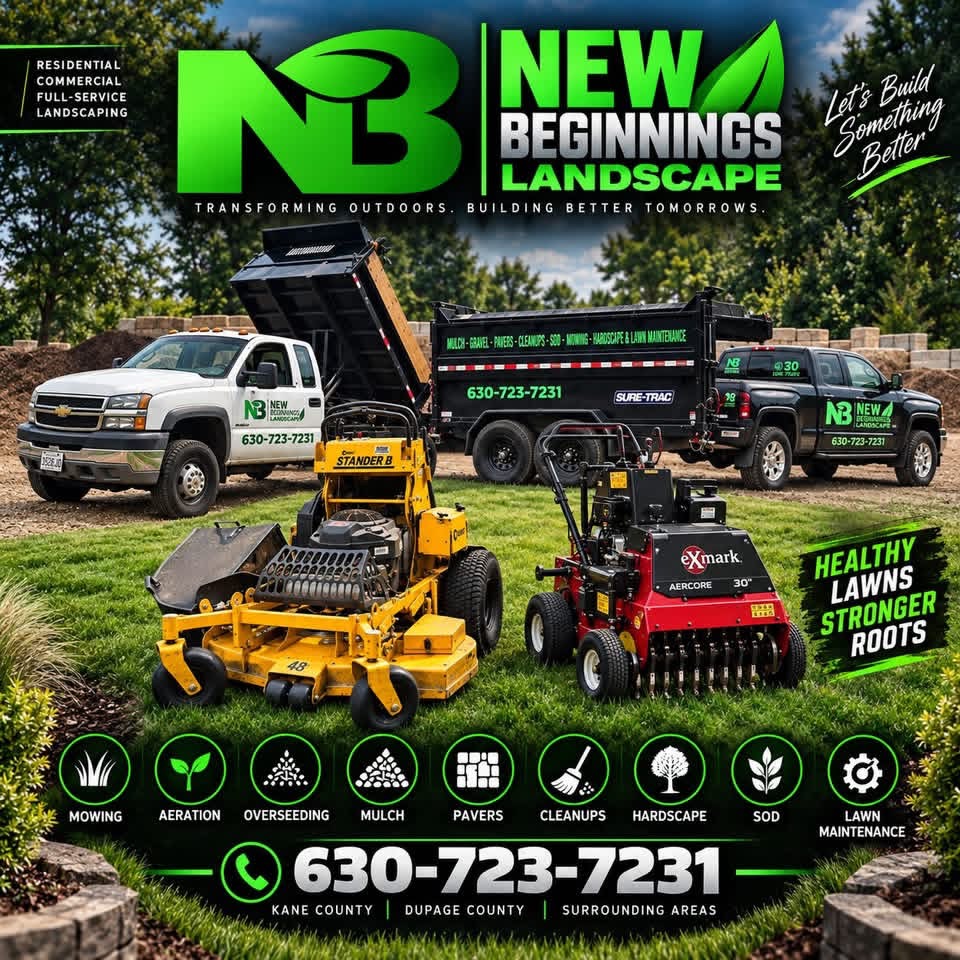 New Beginnings Landscaping trucks and professional lawn equipment